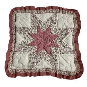 Handmade Vtg Quilted Star Square Throw Pillow Cover Ruffle Cottagecore Grandma